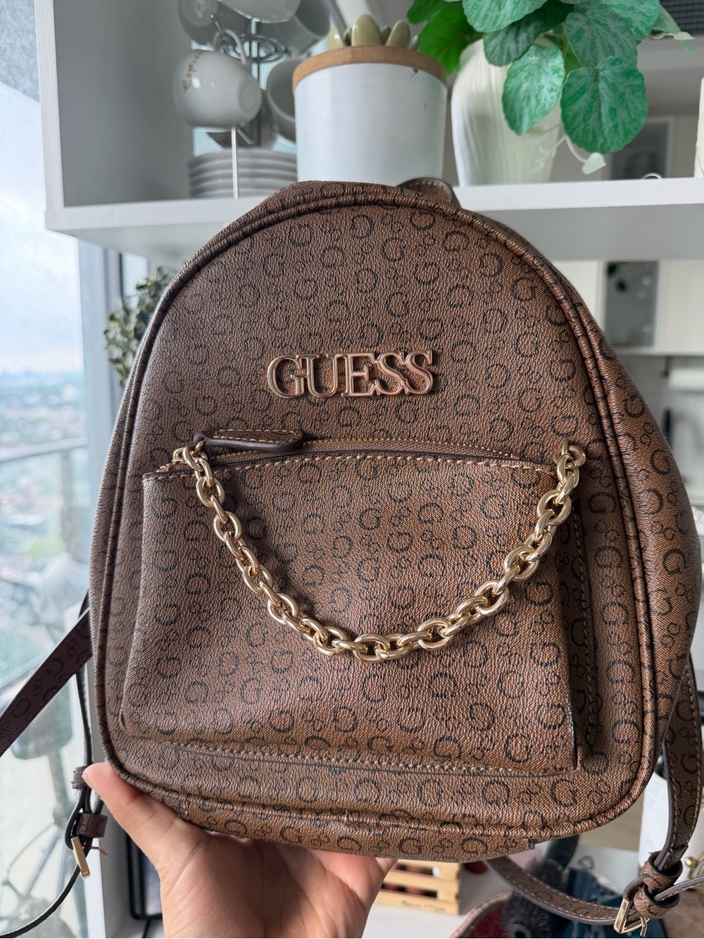 GUESS Brown Logo Mini Backpack with Gold Chain Detail